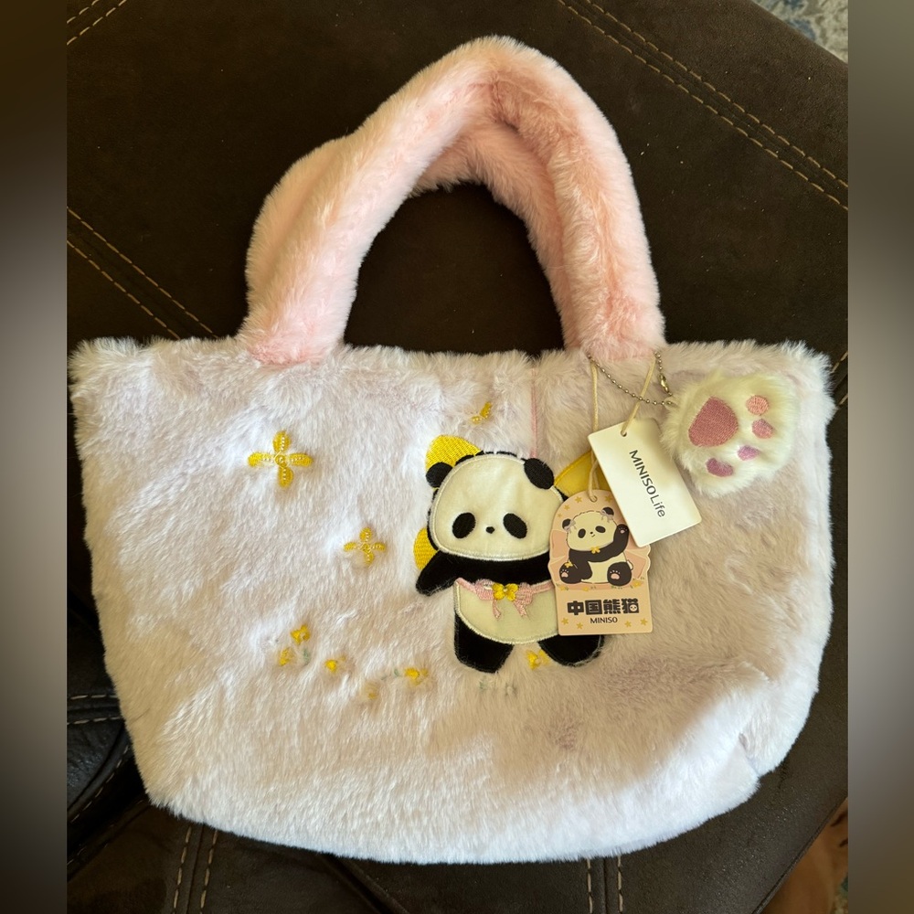 Miniso Life fur Panda bag light pink and light purple